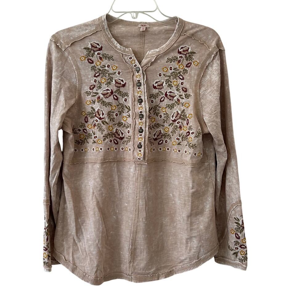 Reba Sedona Scoop Neck Long Sleeve Embroidered Henley Tee Cotton Size Large